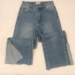 Blank Paige Denim Collection Wide Leg Mid Rise Med Wash Frayed Hem Slit Side S